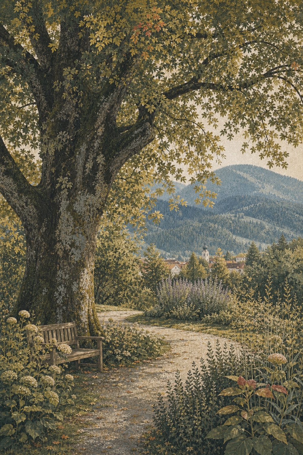 Illustrierter Kurpark mit alter Linde und Blick auf Bad Kohlgrub