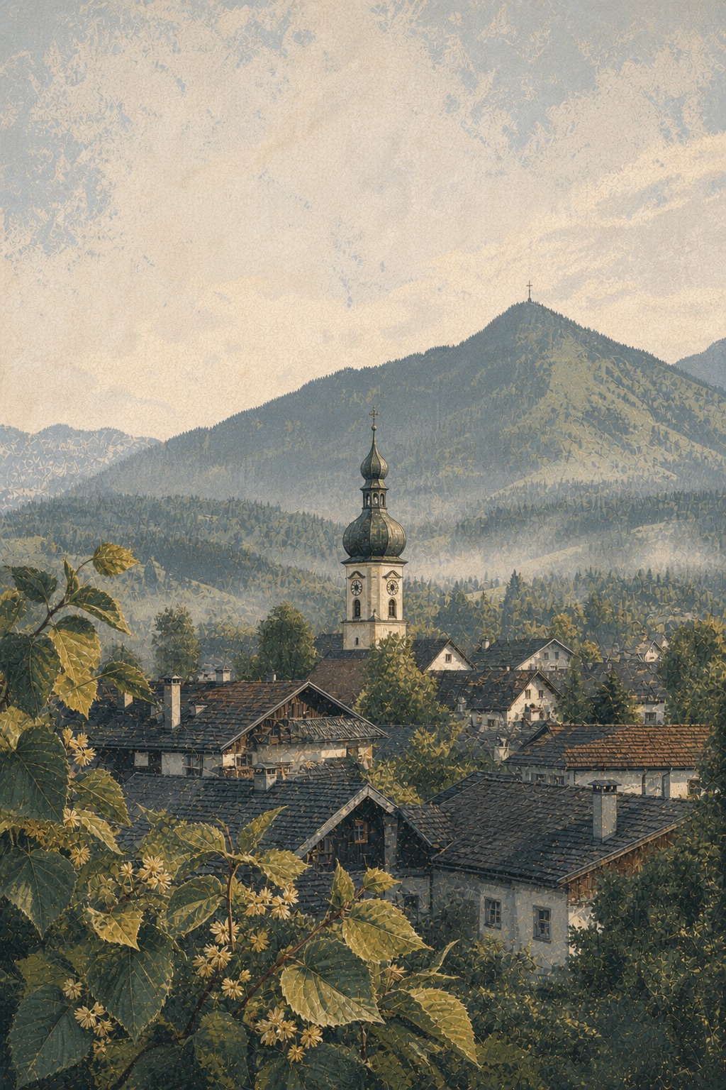 Illustrierter Ortskern von Bad Kohlgrub mit St. Martin und Hörnle