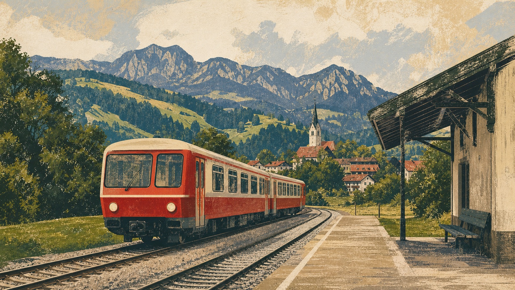 Illustrierter Regionalzug am Bahnhof Bad Kohlgrub